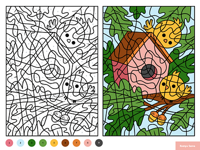 Color by number, education game for kids. Birds and birdhouse activity adobe illustrator bird birdhouse black and white cartoon character children color by number coloring book coloring page education for kids illustration learning oak preschool puzzle summer worksheet