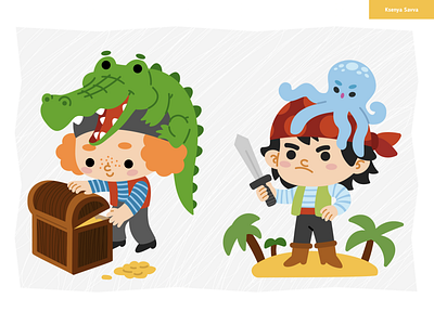 Cartoon cute characters pirates and their pets adobe illustrator adventure animal boy cartoon character children crocodile cute design for kids illustration octopus pet pirate sea summer treasure chest tropical vector