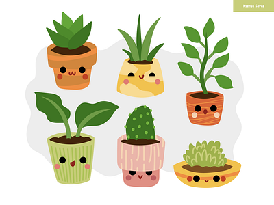 Cartoon set of cute house plants in pots