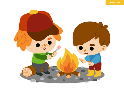 Cartoon characters boys and campfire