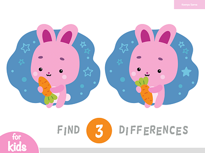 Find differences, cute bunny. Educational game for kids activity adobe illustrator animal bunny carrot cartoon character children cute find differences for kids illustration kawaii pet pink preschool rabbit summer vector worksheet