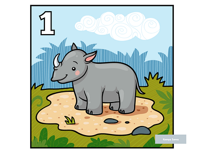 Learn to count with animals, one rhino activity adobe illustrator africa animal cartoon character children count education for kids illustration nature preschool vector