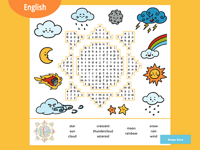 Word search puzzle, cartoon weather items