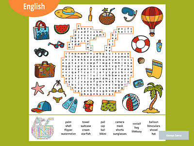 Word search puzzle, cartoon set of summer and holidays objects