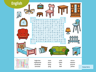 Word search puzzle, cartoon set of furniture activity adobe illustrator cartoon children crossword education english for kids furniture home illustration language learning living preschool puzzle room vector word search worksheet