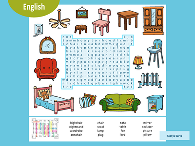 Word search puzzle, cartoon set of furniture