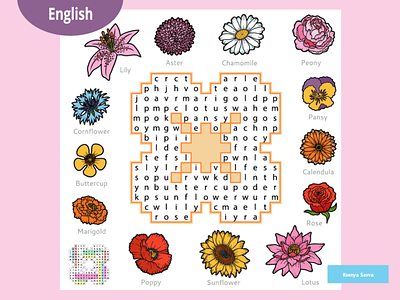 Word search puzzle, cartoon set of flowers