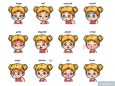 Colour set of girl faces with emotions, cute cartoon character adobe illustrator cartoon character children cute education emotions english expressions for kids girl happy human illustration mood people preschool set smile vector
