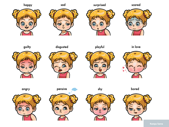 Colour set of girl faces with emotions, cute cartoon character by ...