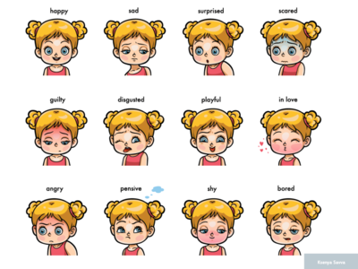 Colour set of girl faces with emotions, cute cartoon character by ...