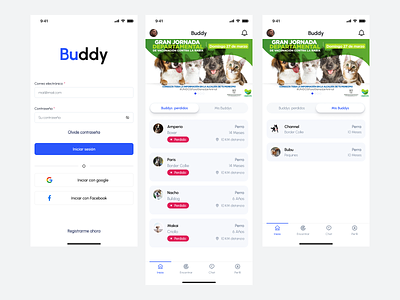 Buddy App app buddy app design find my dog login pet friendly register test bancolombia ui