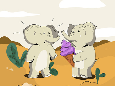 Two funny elephants are going to eat ice cream in the hot summer