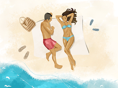 Lovers on the sea beach. Summer vacation beach coast couple design hot illustraion love lovers man ocean resort rest shore summer summertime sweet tender vacation wave woman