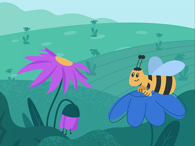 Bee picking honey on flowers. Sunny summer day. animation bee character concept custom design flat flower fly green honey illustration llustrator motion nature playful sky smile sweet vector