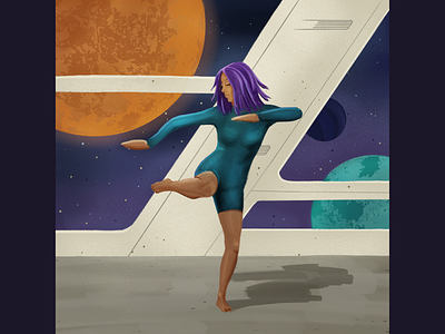 Contemporary dance on the spaceship. Stars and planets behind