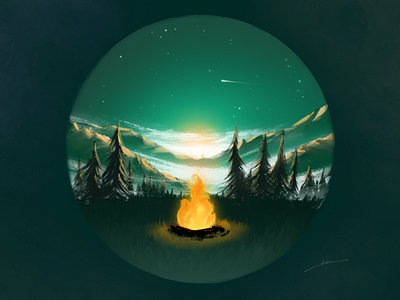 Campfire drawing camp campfire clouds digital forest grass green illustration landscape mountain mountains painting procreate stars sun sunshine trees