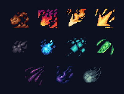 Elementals Pixel icons : Projectiles 2d fantasy game icons illustration pixel art