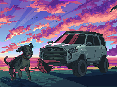 Car Ride Gang car colorful dog illustration pixel pixelart sunset