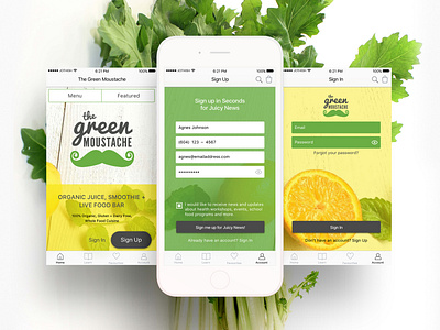 The Green Moustache (high-fi screens for an iOS app)