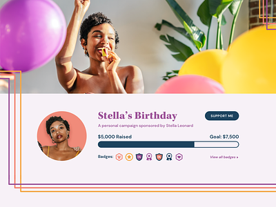 Birthday Fundraising Campaign Page account avatar birthday campaign celebrate colorful feminine fundraise fundraiser fundraising lines non profit overlap party photography pink profile stripe thermometer website