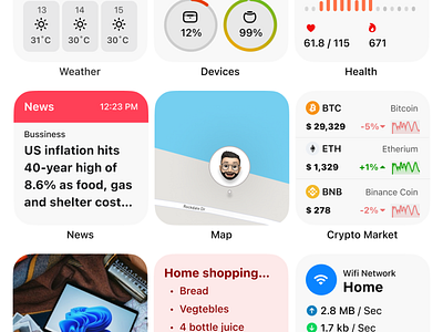Tool Widgets conecpt crypto health homescreen ios ios15 iphone network news note product design quick note screen surface ui unsplash ux watchlist weather widget wifi