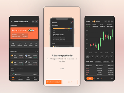 Exchange app concept - Dark mode app concept crypto crypto currency currency dark dark mode design exchange finance graphic design orange product design ui ui concept uiux ux