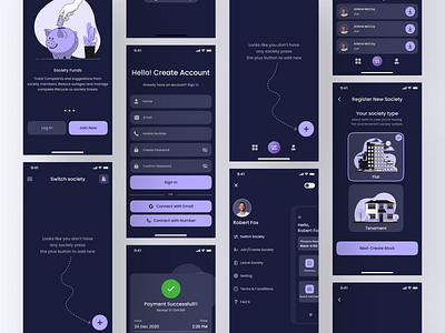 Society Management App (DARK UI) 🏘 2020 app design dark design flat interface management management app minimal mobile trending ui uidesign uiux