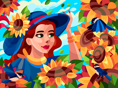 Summer mood art artist artwork bird birds cartoon cartoon illustration design draw drawing flat girl illustration sunflower sunflowers women