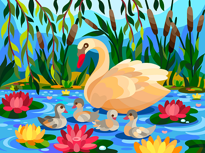 Swan and nenuphar art artist artwork cartoon cartoon illustration coloringbook design digital digital art digitalart drawing flat illustration swan vector vectorart