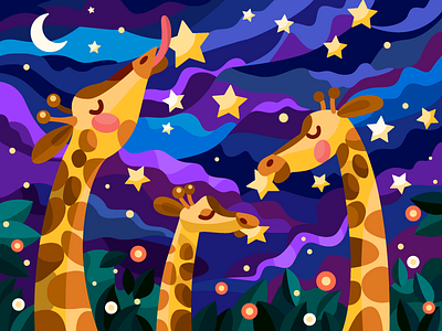 Giraffes and stars art artist artwork cartoon cartoon illustration coloringbook decor design digital digital illustration digital painting digitalart flat giraffe illustration night ui vector vector art vector illustration
