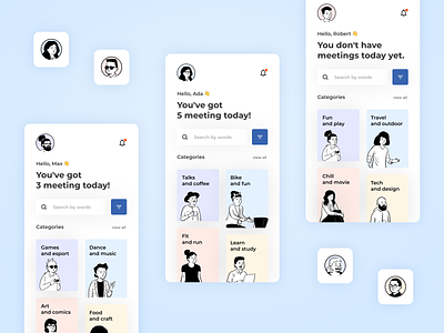 Friendship App - Home Screen app clean figma friend friendship home screen illustration interface minimal mobile mobile ui modern pastel color product search social app typography ui ux