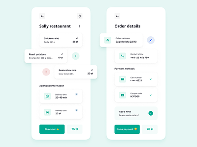 Food Delivery App - Order Screens app checkout clean clean ui delivery figma flat food food delivery minimal mobile mobile app order payment payment app product restaurant service ui ui ux