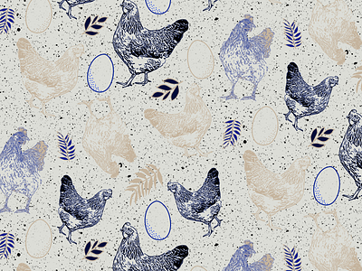 Rise and Shine - Chicken Pattern by Julia Barry affinity designer blue brown chicken design drawing egg hand drawn illustration infinite pattern julia barry liz kohler brown pattern procreate retro texture vintage