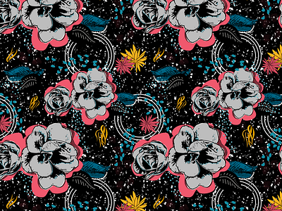 Vintage rose pattern by Julia Barry (on black) aqua black blue bright design floral pattern flowers fuschia hot pink illustration julia barry leaves pink procreate roses seeds teal vintage white yellow