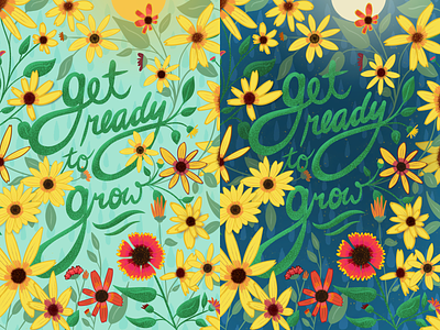 Get Ready to Grow - colorways - by Julia Barry aqua blue botanic bright colorful encouragement flowers green hand drawn hand lettering julia barry leaves lettering miami palette orange saturated spring teal uplifting yellow