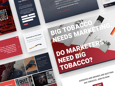 "Quit Big Tobacco" redesign by Julia Barry blue design multimedia news pledge public health red red and black redesign social good social justice uxdesign web design web designer white