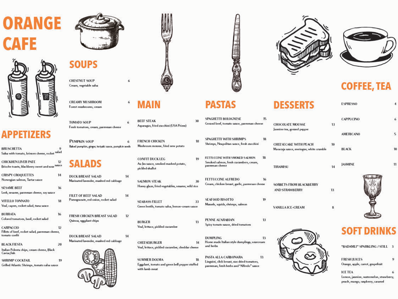 Orange Cafe Menu design by Turkana on Dribbble