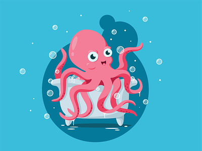 Octopus In The Bathroom adobe illustrator bathroom blue bubbles coral design flat icon illustration illustrator minimal octopus vector