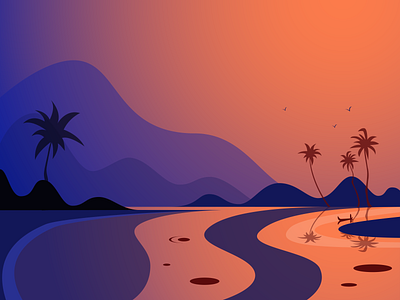 Serenity adobe illustrator blue boats flat illustration illustrator island landscape minimal mirror mountains palms sunset vector water