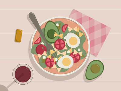 Tasty Dinner adobe illustrator avocado cheese delicious dinner egg flat illustration illustrator italian italian food minimal pasta pasta butterflies plate spaghetti tomatoe vector wine