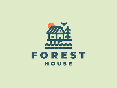 Forest House Logo brand branding cabin cottage forest house illustration lake linear logo mark real estate rent river sun tree vector