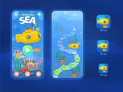 Illustration/UI Design For Casual Game app icon boat casual game character conceptual fish graphic design icons design illustration levels mobile product design sea submarine treasure chest tropic ui ux underwater vector