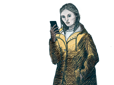 Girl with yellow coat and mobile