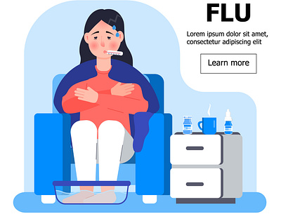 Flu bath chair cold coronavirus fever fluid frosbite girl home illustration influenza landing page leg medicine vector