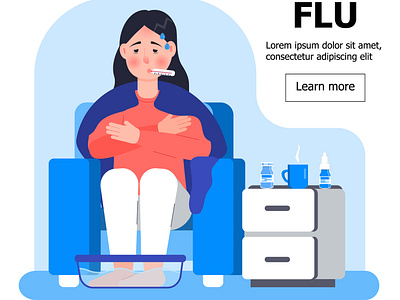Flu bath chair cold coronavirus fever fluid frosbite girl home illustration influenza landing page leg medicine vector
