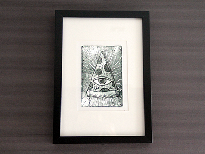 All seeing pizza engrave etch eye god ink intaglio light picture pizza plate see