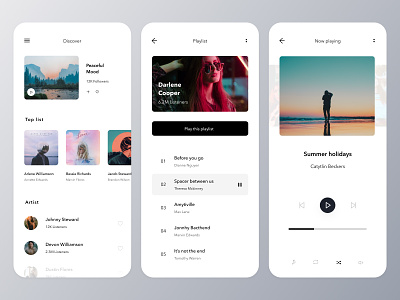 Music app concept app app design application clean interface minimal minimal design mobile mobile ui modern music music app music player playlist ui uidesign