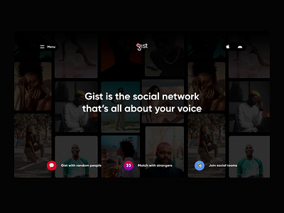 Gist - Landing Page Concept animation audio app darkmode dating friends hangout landing page match motion people red social voice