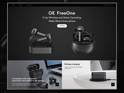 OE OneFree clean dailyui dark desktop app earbuds earphones landingpage music shop site technology ui uiux userinterface ux web webdesign webpage website wireless