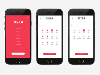 Menu Category Wallets List - Eliya (Mobile) add android app billing budget clean creative list list view logo logout menu menu design minimal red redesign search search bar ui ux